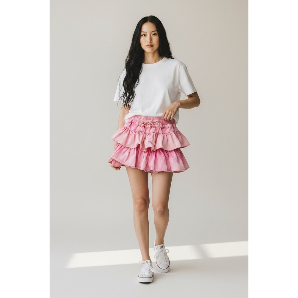 Day + Moon Pink Ruffle Tiered Skort Elastic Waist Cotton Denim Mini NWT
